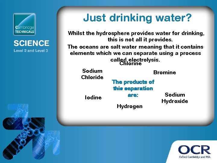 Just drinking water? Whilst the hydrosphere provides water for drinking, this is not all
