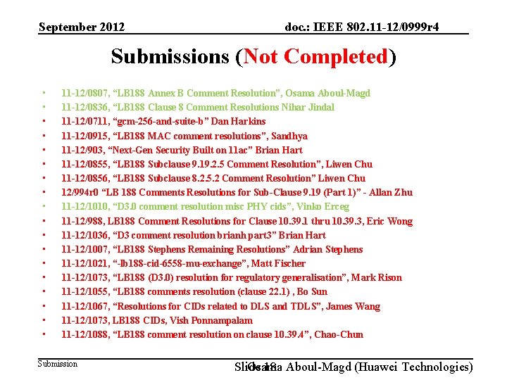 September 2012 doc. : IEEE 802. 11 -12/0999 r 4 Submissions (Not Completed) •