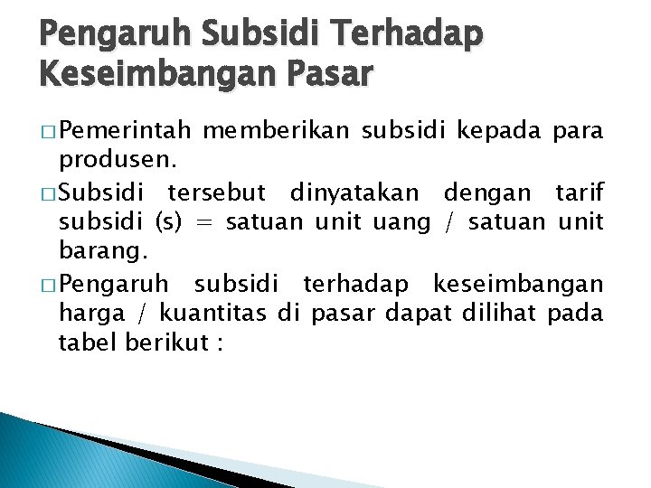 Pengaruh Subsidi Terhadap Keseimbangan Pasar � Pemerintah memberikan subsidi kepada para produsen. � Subsidi