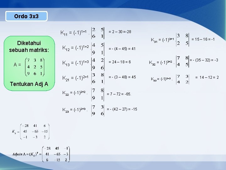 Ordo 3 x 3 K 11 = (-1)1+1. Diketahui sebuah matriks: A= Tentukan Adj