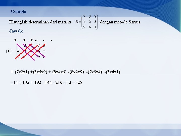 Contoh: Hitunglah determinan dari matriks dengan metode Sarrus Jawab: + + + - -