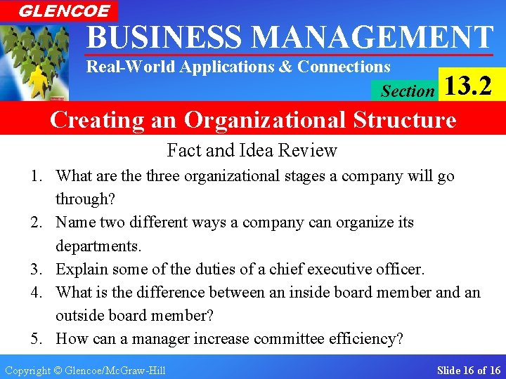 GLENCOE BUSINESS MANAGEMENT Real-World Applications & Connections Section 13. 2 Creating an Organizational Structure