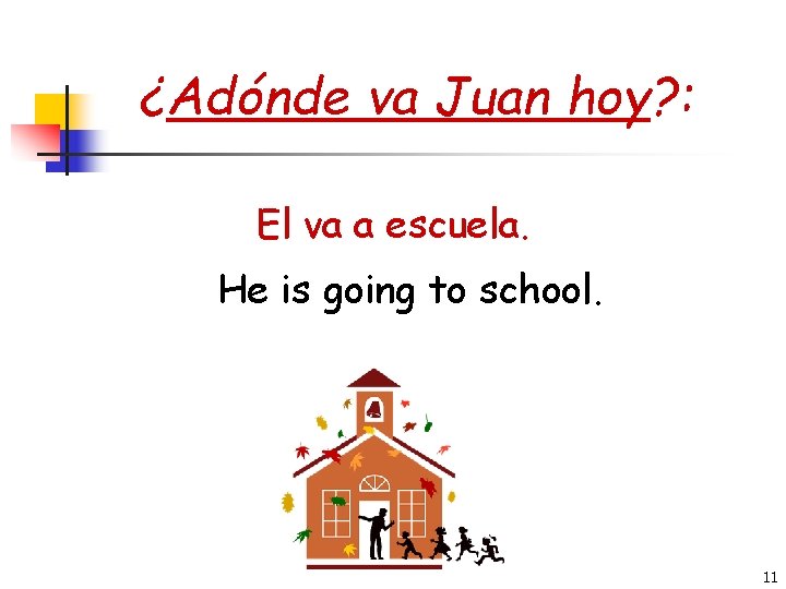 ¿Adónde va Juan hoy? : El va a escuela. He is going to school.
