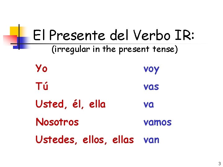 El Presente del Verbo IR: (irregular in the present tense) Yo voy Tú vas