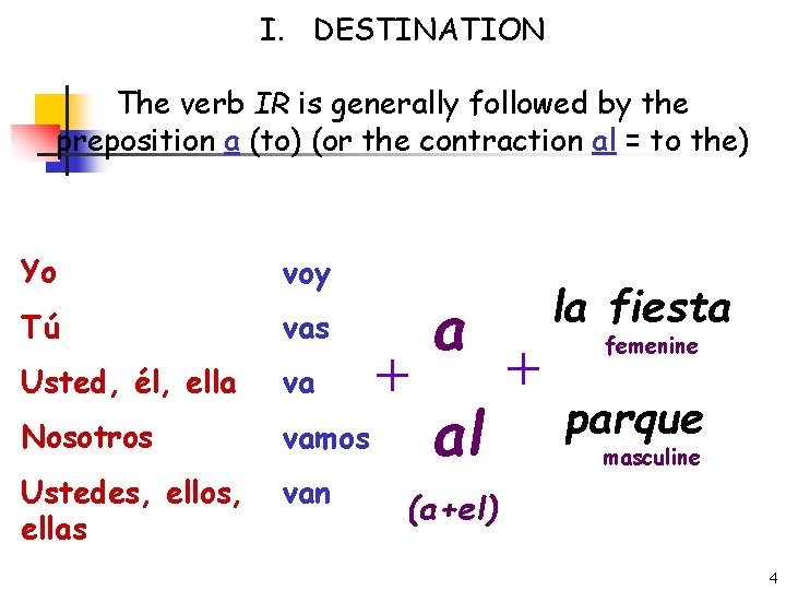 I. DESTINATION The verb IR is generally followed by the preposition a (to) (or