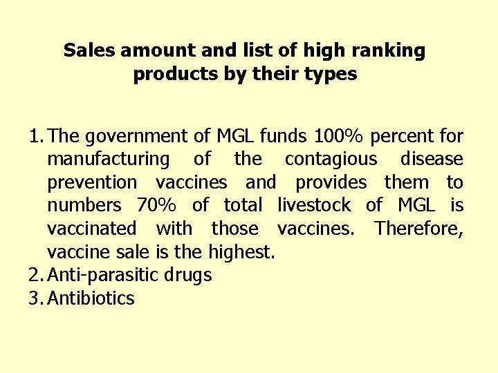 Sales amount and list of high ranking products by their types 1. The government