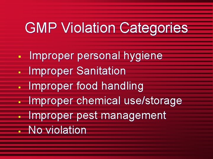 GMP Violation Categories § § § Improper personal hygiene Improper Sanitation Improper food handling