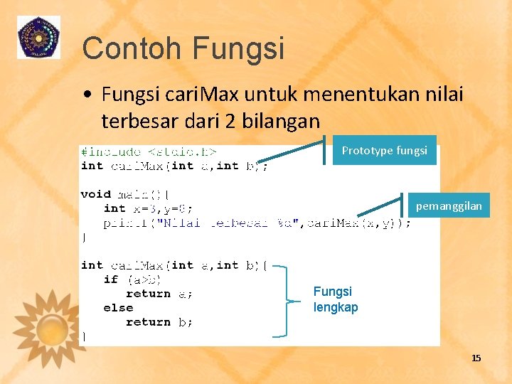 Contoh Fungsi • Fungsi cari. Max untuk menentukan nilai terbesar dari 2 bilangan Prototype