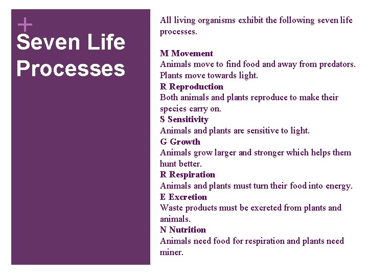 + Seven Life Processes All living organisms exhibit the following seven life processes. M