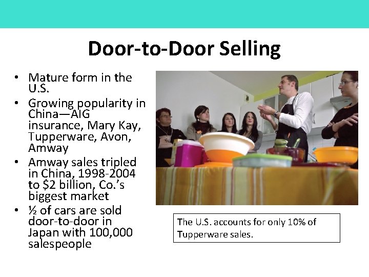 Door-to-Door Selling • Mature form in the U. S. • Growing popularity in China—AIG