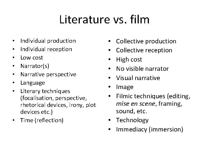 Literature vs. film Individual production Individual reception Low cost Narrator(s) Narrative perspective Language Literary