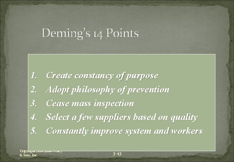 Deming’s 14 Points 1. 2. 3. 4. 5. Create constancy of purpose Adopt philosophy
