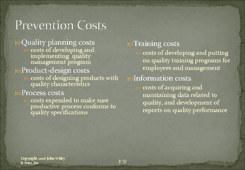 Prevention Costs Quality planning costs of developing and implementing quality management program Product-design costs