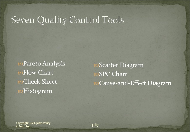 Seven Quality Control Tools Pareto Analysis Flow Chart Check Sheet Histogram Copyright 2006 John