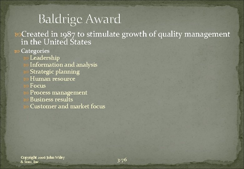 Baldrige Award Created in 1987 to stimulate growth of quality management in the United