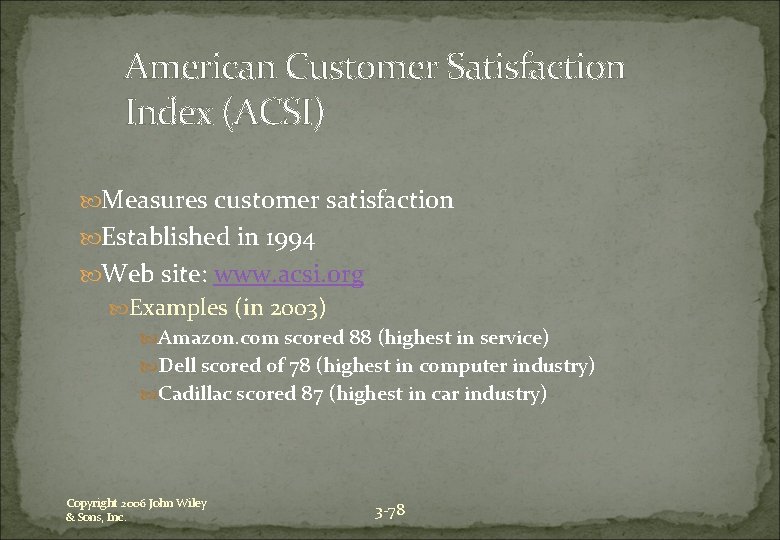 American Customer Satisfaction Index (ACSI) Measures customer satisfaction Established in 1994 Web site: www.