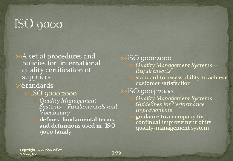 ISO 9000 A set of procedures and ISO 9001: 2000 policies for international Quality