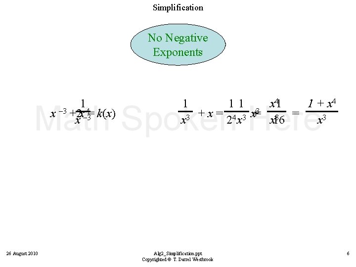 Simplification No Negative Exponents 1 – 3 x +2 x– 4 = k(x) x