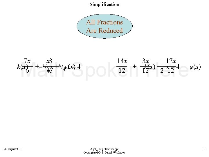 Simplification All Fractions Are Reduced 7 x x 3 1 6/ g(x) k(x) =+–