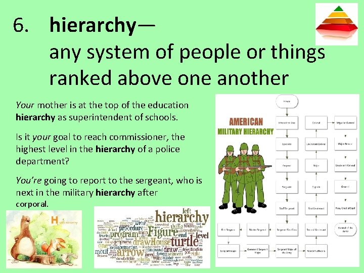 6. hierarchy— any system of people or things ranked above one another Your mother