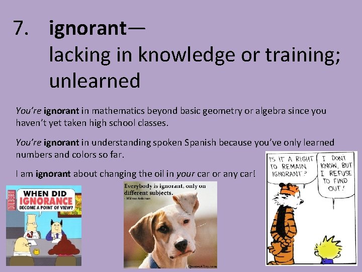 7. ignorant— lacking in knowledge or training; unlearned You’re ignorant in mathematics beyond basic