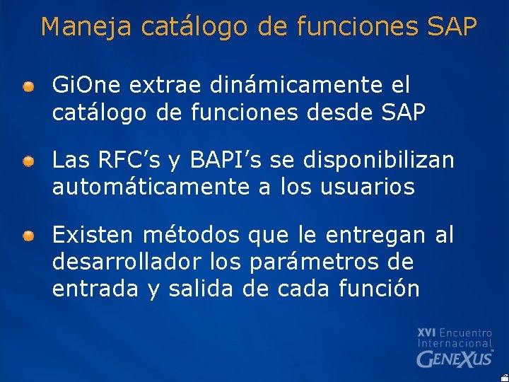 Maneja catálogo de funciones SAP Gi. One extrae dinámicamente el catálogo de funciones desde