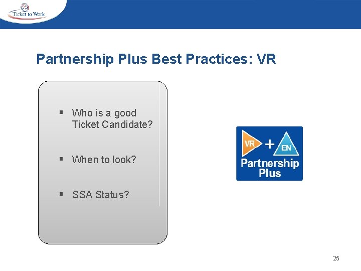 Partnership Plus Best Practices: VR § Who is a good Ticket Candidate? § When
