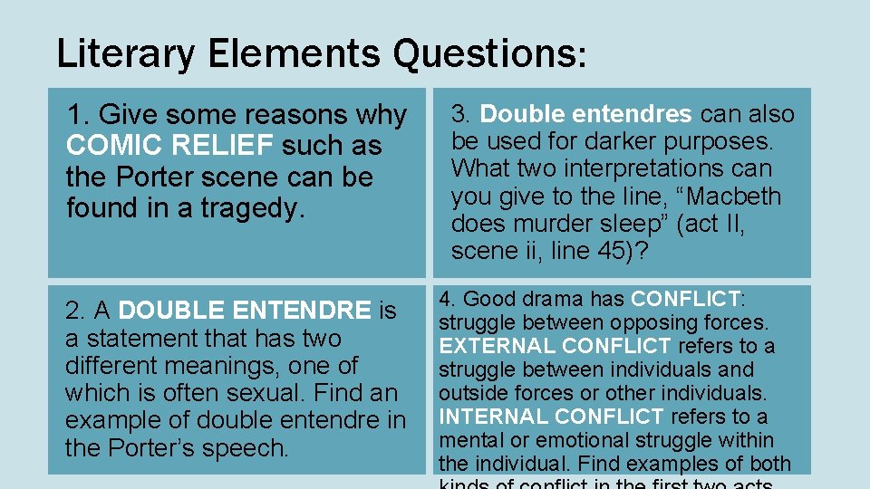 Literary Elements Questions: 1. Give some reasons why COMIC RELIEF such as the Porter