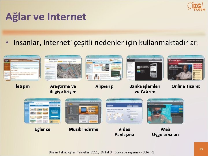 Ağlar ve Internet • İnsanlar, Interneti çeşitli nedenler için kullanmaktadırlar: İletişim Araştırma ve Bilgiye