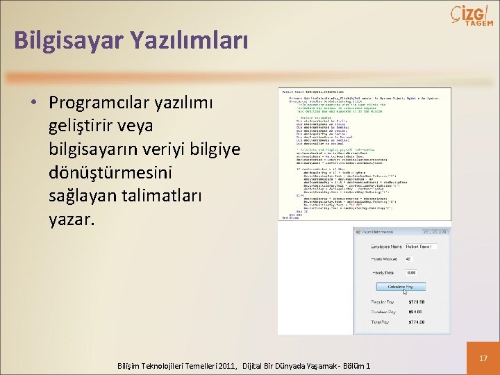 Bilgisayar Yazılımları • Programcılar yazılımı geliştirir veya bilgisayarın veriyi bilgiye dönüştürmesini sağlayan talimatları yazar.