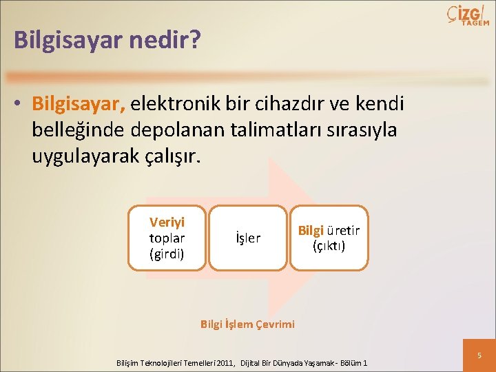 Bilgisayar nedir? • Bilgisayar, elektronik bir cihazdır ve kendi belleğinde depolanan talimatları sırasıyla uygulayarak