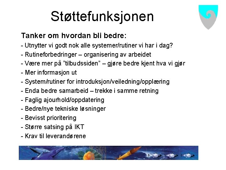 Støttefunksjonen Tanker om hvordan bli bedre: - Utnytter vi godt nok alle systemer/rutiner vi