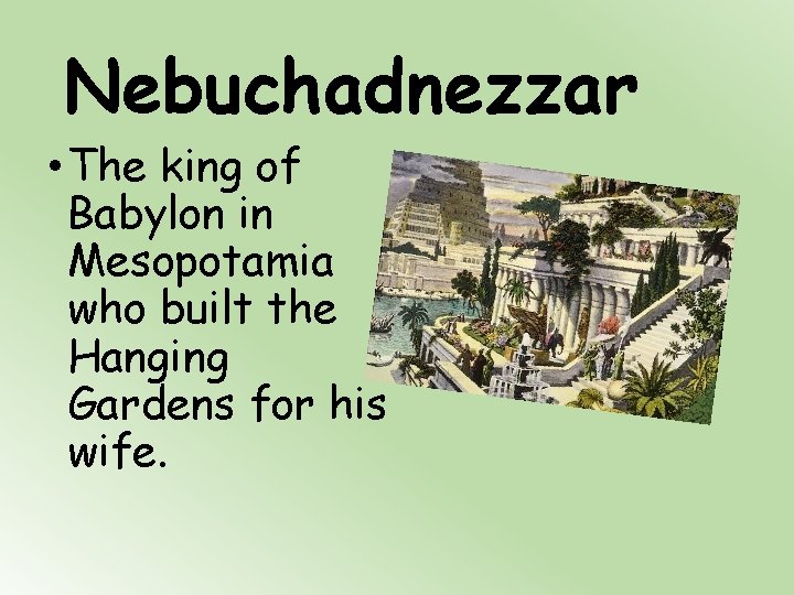 Nebuchadnezzar • The king of Babylon in Mesopotamia who built the Hanging Gardens for