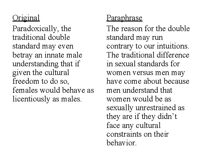 Original Paradoxically, the traditional double standard may even betray an innate male understanding that