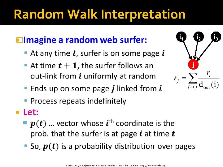 Random Walk Interpretation i 1 � i 2 j J. Leskovec, A. Rajaraman, J.