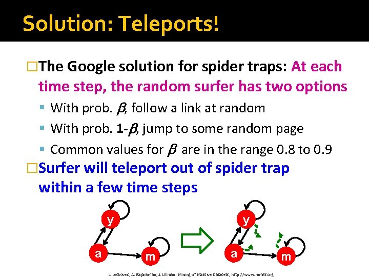 Solution: Teleports! �The Google solution for spider traps: At each time step, the random