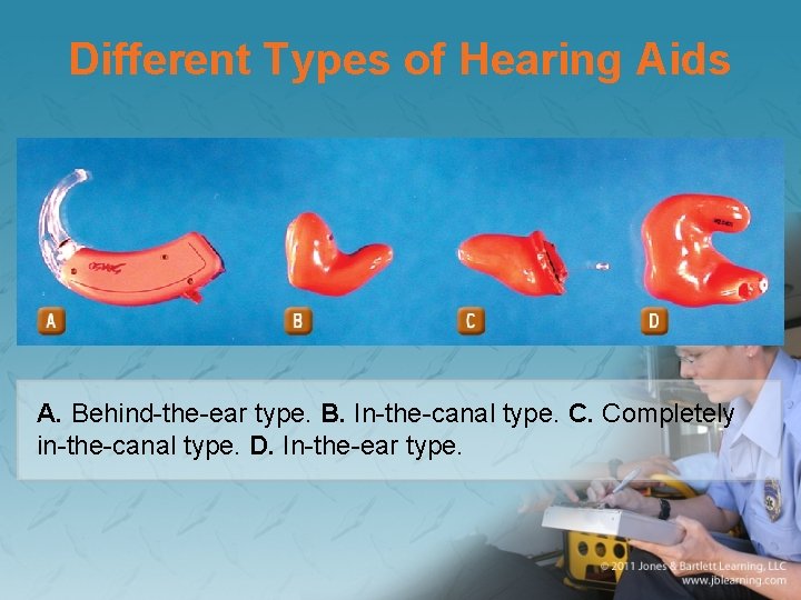 Different Types of Hearing Aids A. Behind-the-ear type. B. In-the-canal type. C. Completely in-the-canal