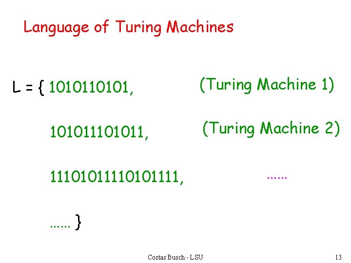 Language of Turing Machines (Turing Machine 1) L = { 10101, 101011, (Turing Machine