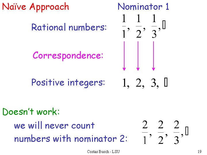 Naïve Approach Nominator 1 Rational numbers: Correspondence: Positive integers: Doesn’t work: we will never