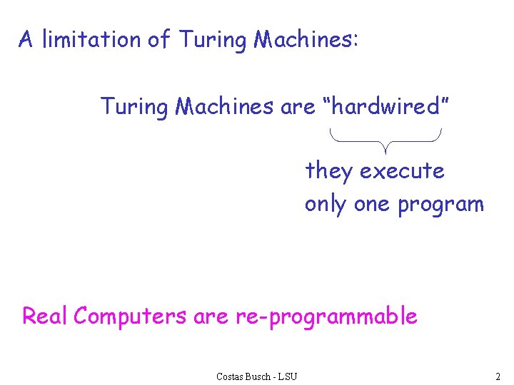 A limitation of Turing Machines: Turing Machines are “hardwired” they execute only one program