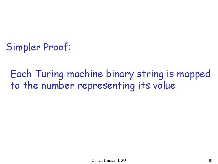 Simpler Proof: Each Turing machine binary string is mapped to the number representing its