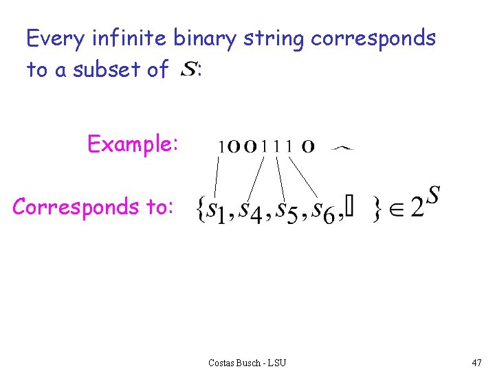 Every infinite binary string corresponds to a subset of : Example: Corresponds to: Costas