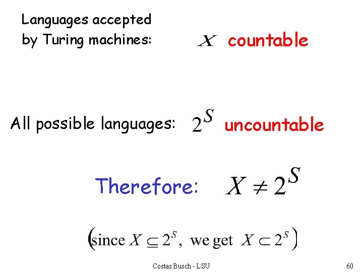 Languages accepted by Turing machines: countable All possible languages: uncountable Therefore: Costas Busch -