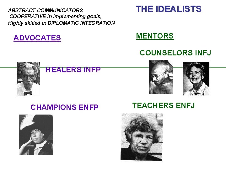 ABSTRACT COMMUNICATORS COOPERATIVE in implementing goals, Highly skilled in DIPLOMATIC INTEGRATION ADVOCATES THE IDEALISTS