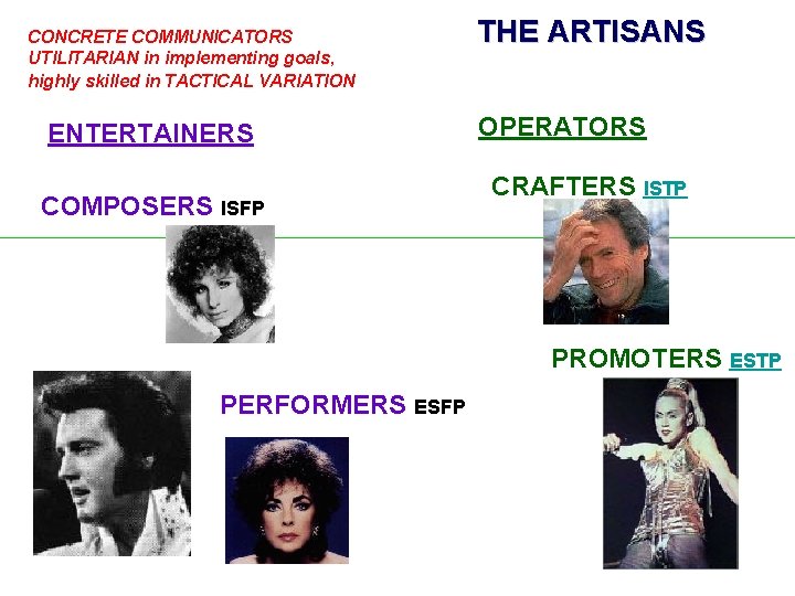 CONCRETE COMMUNICATORS UTILITARIAN in implementing goals, highly skilled in TACTICAL VARIATION ENTERTAINERS COMPOSERS ISFP