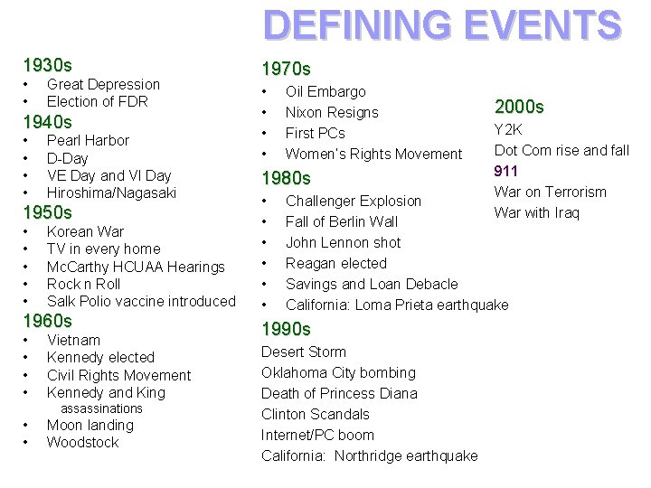 DEFINING EVENTS 1930 s • • Great Depression Election of FDR 1940 s •