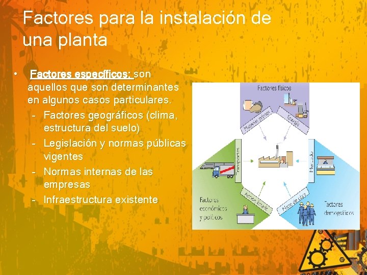 Factores para la instalación de una planta • Factores específicos: son aquellos que son