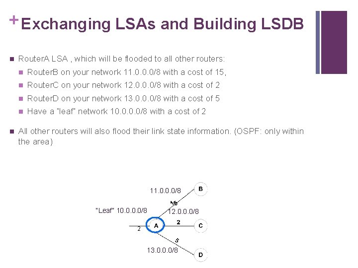 + Exchanging LSAs and Building LSDB n n Router. A LSA , which will