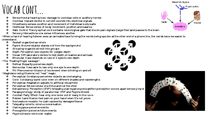 Vocab cont. . . ❖ ❖ ❖ Sensorineural hearing loss- damage to cochleas cells