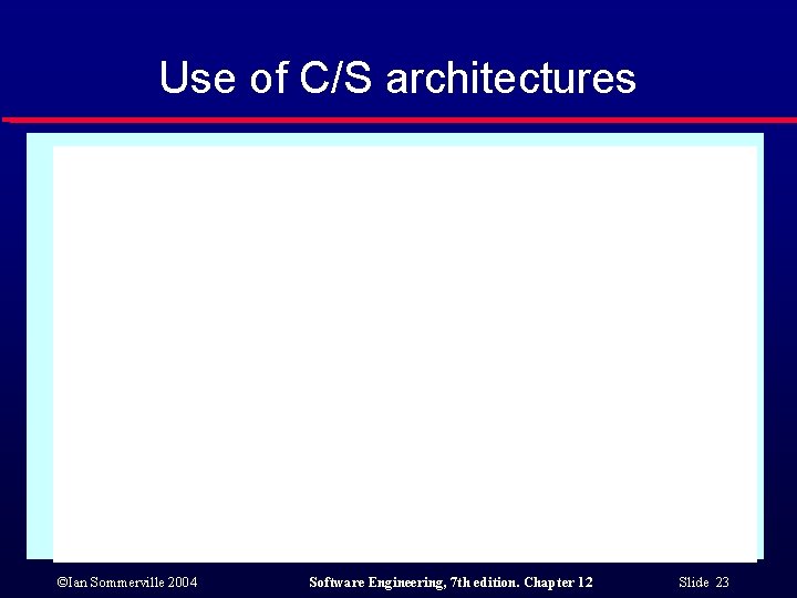 Use of C/S architectures ©Ian Sommerville 2004 Software Engineering, 7 th edition. Chapter 12